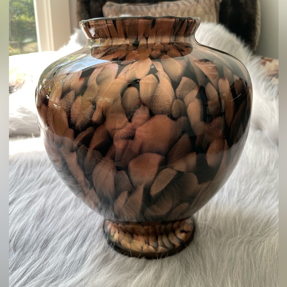 Vintage art deco black round vase with copper glitter accents.